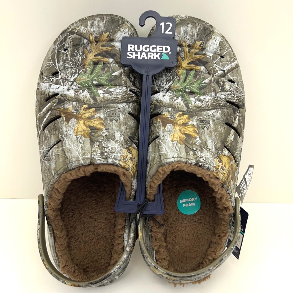 Rugged Shark Mens 12 Fleece Lined Clogs Realtree Edge Camo Slip Ons Memory Foam